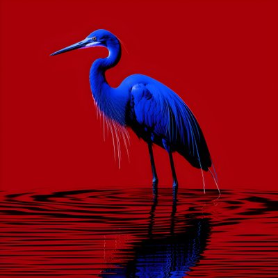 Synthwave digitale Kunst eines exotischen kobaltblauen Reihers auf rotem Papier von Kurt Heppke