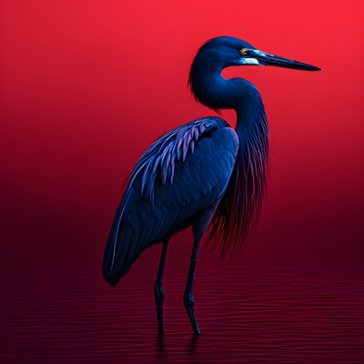 Synthwave digitale Kunst eines exotischen kobaltblauen Reihers auf rotem Papier von Kurt Heppke