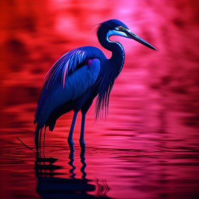 Synthwave digitale Kunst eines exotischen kobaltblauen Reihers auf rotem Papier von Kurt Heppke
