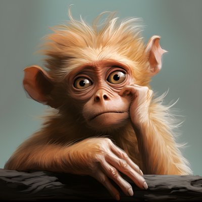 Zeichnung eines Joey-Affen mit einem Auge im Stil von emotionalen surrealen Charakterstudien, koloriert, nachdenkliche Posen, Topcor 58mm f/1.4, karikaturartige Illustrationen von Kurt Heppke