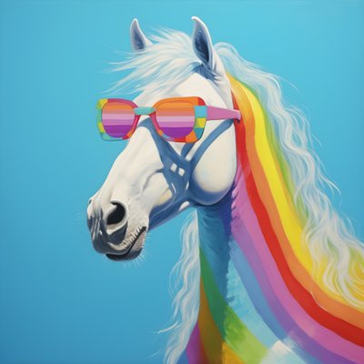 Weißes Pferd mit Regenbogenbrille auf blauem Hintergrund 2 von Kurt Heppke