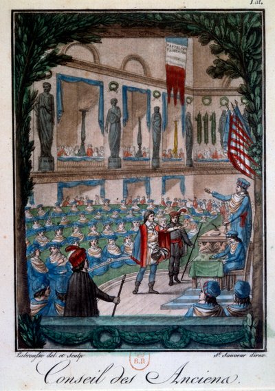 Directoire: „Le Conseil des Ancients“ Gravur aus „Mors et coutumes du peuple francais“, graviert von Labrousse. 18. Jahrhundert Paris, B.N. von L.F. Labrousse