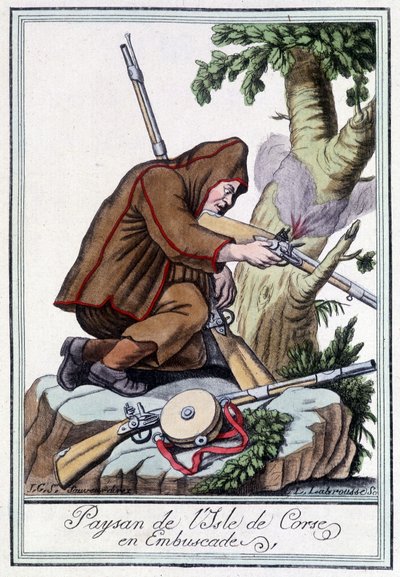 Bauer von der Insel Korsika in einem Hinterhalt - in „Encyclopédie des voyages“ von J. Grasset St Sauveur, Deron, Paris von L.F. Labrousse