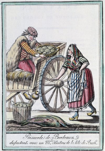 Fischhändlerin von Bordeaux streitet mit einem Austernhändler vom Kopf von Buch - in „Encyclopedia of travels“ von J. Grasset St Sauveur, Deron, Paris von L.F. Labrousse