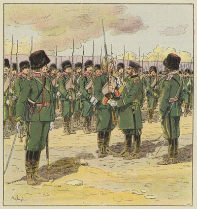 General Kouropatkine inspiziert die Truppen nach der Schlacht von Kin-Tcheou von L. Malespine