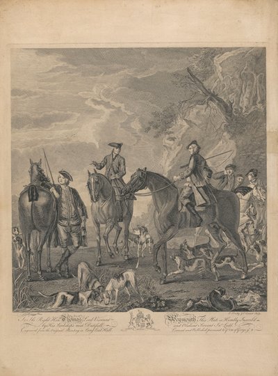 Eine Serie von sieben, unbetitelt, jeweils gewidmet: Dem ehrenwerten Thomas Lord Viscount Weymouth...vom Originalgemälde in Long Leat Hall. [Reiter und Hunde ruhen in einer felsigen Landschaft.] von L. Truchy