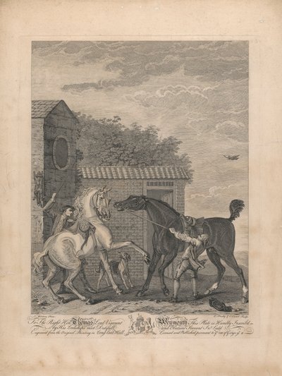 Ein Satz von sieben, ohne Titel, jeder gewidmet: Dem Ehrenwerten Thomas Lord Viscount Weymouth...vom Originalgemälde in Long Leat Hall. [Zwei Pferde stehen unruhig vor einem Stall...] von L. Truchy