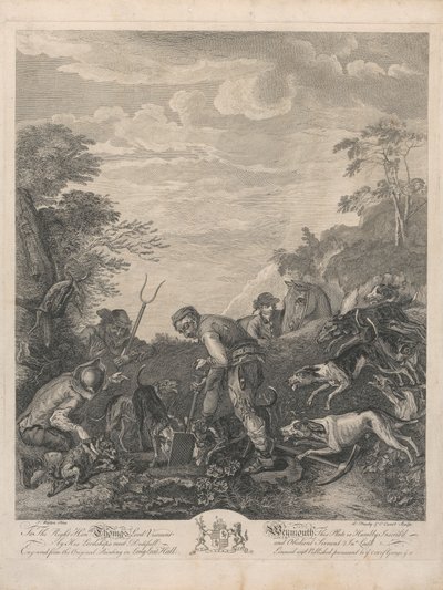 Eine Serie von sieben, ohne Titel, jeweils gewidmet: An den ehrenwerten Thomas Lord Viscount Weymouth...vom Originalgemälde in Long Leat Hall. [Drei Männer graben einen Fuchsbau aus, gespannt beobachtet von Hunden...] von L. Truchy