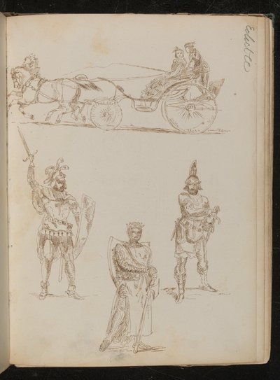 Studie einer von Pferden gezogenen Kutsche mit drei Insassen, drei Studien von griechisch-römischen Kriegern mit Waffen und Schilden (Feder und Tinte) von Lady  Butler