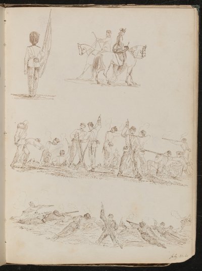 Vier Studien von Soldaten, Frauen beim Reiten und Schlachten von Lady Butler