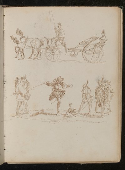 Offizier in voller Uniform mit Zylinder und Epauletten in einer pferdegezogenen Kutsche reitend, Studie von sechs mediterranen Soldaten und einem Hund von Lady Butler