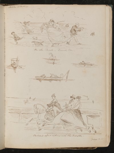 "Auf der Parade, ein windiger Tag", Boote mit Tagesausflüglern, Reiter auf Pferden mit der Inschrift "Reiten mit dem Meister" von Lady Butler