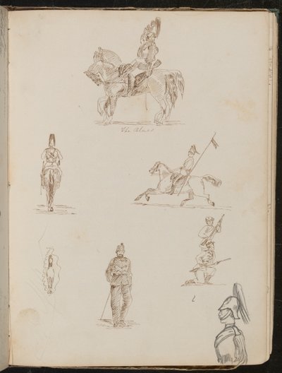 Sechs Studien von Soldaten, einer zu Pferd beschriftet "die Blues", kleine Studie eines Pferdes von vorne von Lady Butler
