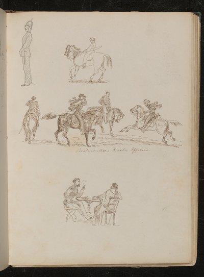 Soldat in voller Uniform, Studien eines Jugendlichen mit Angelrute zu Pferd, vier Männer zu Pferd mit der Aufschrift Piemontesische Kavallerieoffiziere von Lady Butler