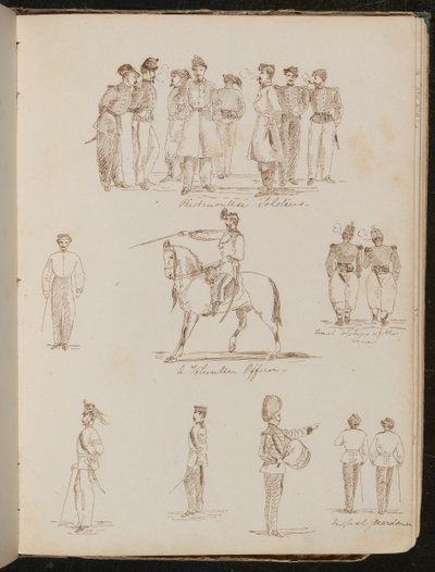 Studien von acht Soldaten beschriftet "Piemontesische Soldaten", "ein Freiwilligenoffizier", zwei "Französische Soldaten an der Linie" von Lady Butler