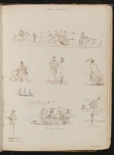 Studien von Männern und Frauen "Auf der Parade", ein Mann mit einem Netz beschriftet "Shrimper", ein Matrose beschriftet "Küstenwache", datiert "28. Mai 1861" von Lady Butler