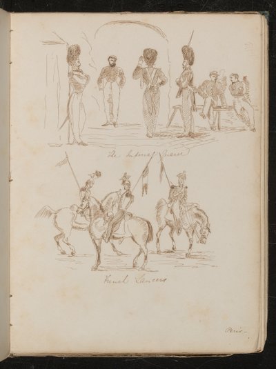 Studien von Soldaten mit der Inschrift "Imperial Guards", Soldaten mit Fahnen zu Pferd mit der Inschrift "French Lancers" von Lady Butler