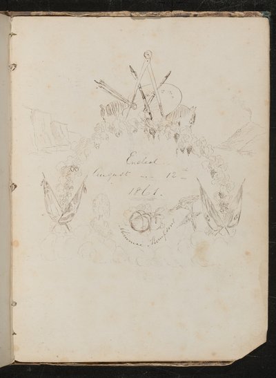 Studie von Künstlerutensilien, Schmetterling, Blumen, Flaggen, Klippe und Girlande in Wappenform um die Inschrift "Beendet am 12. August 1861" von Lady Butler