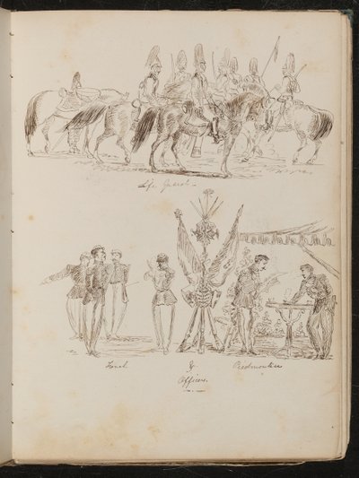 Studie von Soldaten auf Pferden mit der Inschrift "Life Guards", Studie von Soldatengruppen mit Fahnen, rauchend und trinkend von Lady Butler