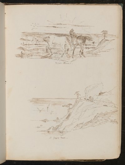 Studie von zwei Pferden in der Landschaft, Küstenszene und Klippe von Lady Butler