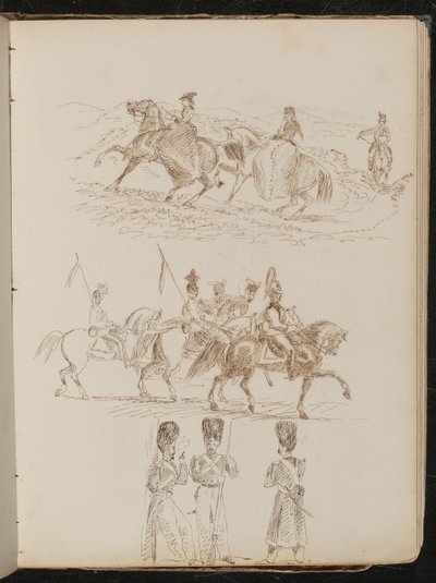 Studie von zwei Frauen und einem Mann in hügeliger Landschaft, Soldaten zu Pferd, drei Wachen im Gespräch von Lady Butler