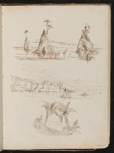 Drei Studien von felsigen Inseln, eine wässrige Landschaft mit Menschen und Booten und Palmen von Lady Butler