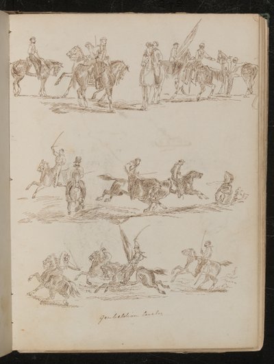 Drei Studien von Soldaten zu Pferd beschriftet "Garibaldianische Kavallerie" von Lady Butler