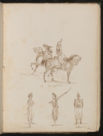Zwei Soldaten zu Pferd beschriftet "Die Cert-Garde", Studien von Artillerie- und Infanteriesoldaten von Lady Butler
