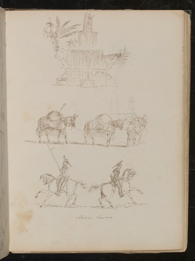 Wasserbrunnen im Laub, Studie von drei verbundenen Packpferden, Studie von zwei Soldaten zu Pferd beschriftet "Novare-Lanzenreiter" von Lady Butler