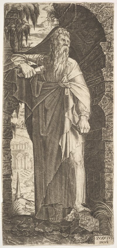 St. Paul steht unter einem überwucherten Bogen, sein linker Fuß auf einem Felsen, seine rechte Hand... von Lambert Suavius
