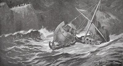 Das Holzschiff geriet in einen Sturm und die Mönche eilten ihm in kleinen Booten zu Hilfe von Lancelot Speed