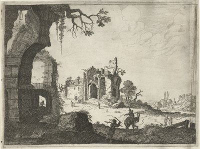 Zwei Ruinen in einer Landschaft (Landschaften mit antiken römischen Gebäuden) von Laurens Barata
