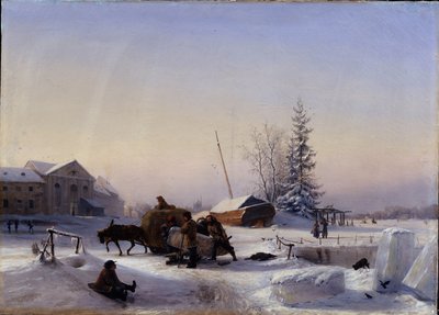 Eistransport. Winteransicht des ehemaligen Weindorfes auf der Wassiljewski-Insel in St. Petersburg von Lef Feliksovich Lagorio