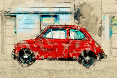 Vintage rotes Auto auf der Straße von Lembayung senja studio [Vintage Poster]