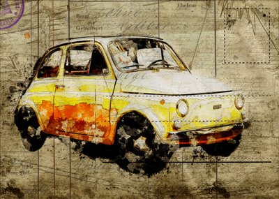 Vintage Gelber Fiat 500 von Lembayung senja studio [Vintage Poster]