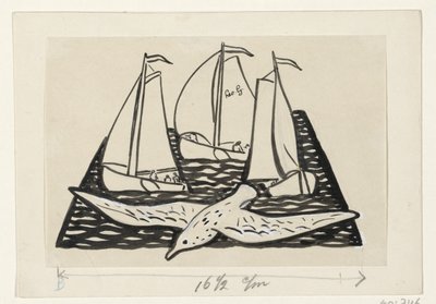 Drei Segelschiffe und eine Möwe von Leo Gestel (signed by artist)