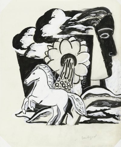 Steigendes Pferd, Blume und Kopf (Skizze) von Leo Gestel (signed by artist)