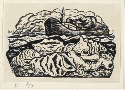 Dampfschiff auf See mit Muscheln am Strand von Leo Gestel (signed by artist)