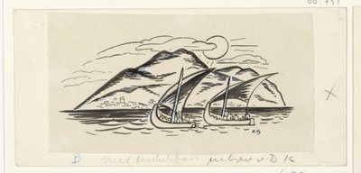Zwei Segelschiffe vor einer Insel mit Bergen von Leo Gestel (signed by artist)