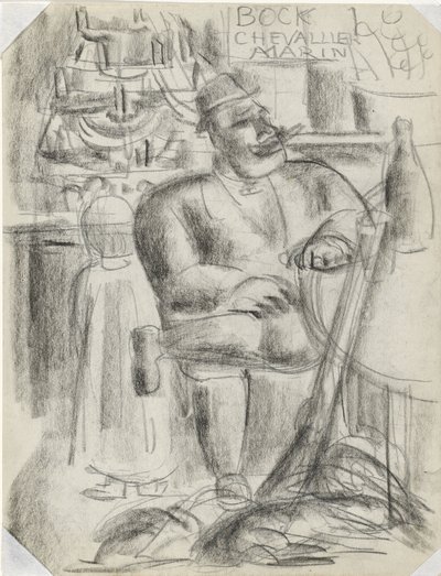 Jäger sitzend an einem Cafétisch, in schwarzer Kreide von Leo Gestel