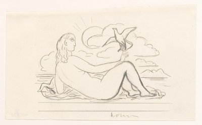 Liegender weiblicher Akt am Strand und eine Möwe von Leo Gestel