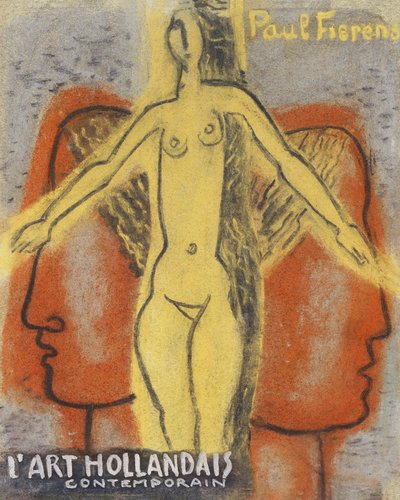 Nackte Frau zwischen zwei voneinander wegschauenden Männerköpfen (1933) von Leo Gestel