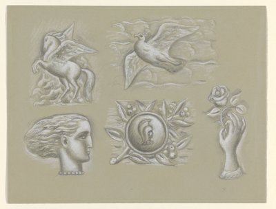 Pegasus, Taube, Frauenkopf, Wappen und Hand mit Rose von Leo Gestel