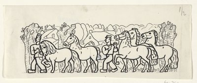 Zwei Bauern führen ihre Pferde durch ein Dorf von Leo Gestel