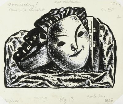 Zwei Masken vor Gebäude und Felsen (Skizze) von Leo Gestel