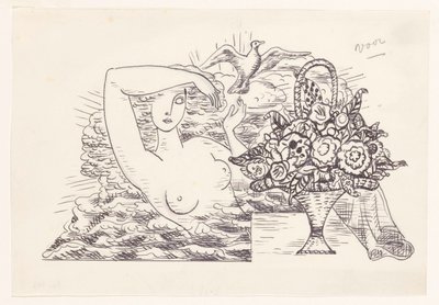Weiblicher Akt in den Wellen, der einen Vogel freilässt, im Vordergrund ein Korb mit Blumen von Leo Gestel