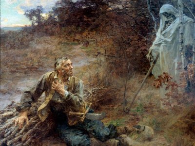 Der Tod und der Holzfäller. Illustration für die Fabel von Jean de La Fontaine (1621-1695). Gemälde von Leon Augustin Lhermitte (1844-1925) 1893, 2.06 x 2.42 m. Château-Thierry, Musée La Fontaine von Leon Augustin Lhermitte
