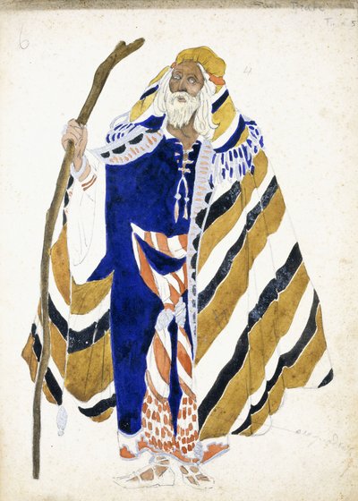 Ein Kostümentwurf für einen Tänzer in Suite Arabe, der einen älteren Mann mit einem Stab darstellt von Leon Bakst