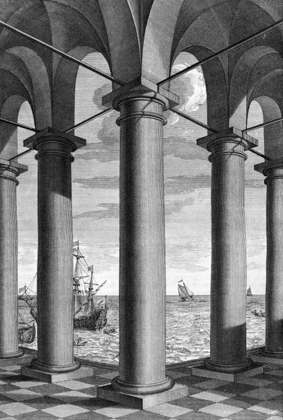 Über Architektur, eine Meereslandschaft erscheint hinter einem Gebäude mit Arkaden: eine Tafel aus „De Architectura Libri decem“ von Leon Battista Alberti, Architekt, Mathematiker, italienischer Dichter der Renaissance, London von Leon Battista Alberti