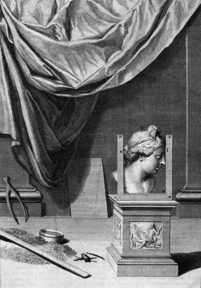 Abhandlungen über Architektur, eine Büste einer klassischen Statue und architektonische Werkzeuge: Tafel aus „De Architectura Libri decem“ von Leon Battista Alberti (1404-1472), Architekt, Mathematiker, italienischer Dichter der Renaissance, London von Leon Battista Alberti
